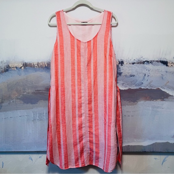 EDDIE BAUER Striped Sleeveless LINEN Blend Dress Tie Waist Orange White Womens L - Picture 2 of 16